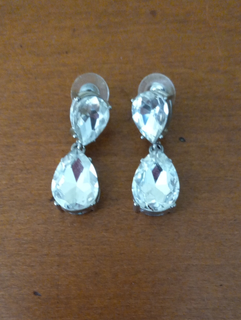 Silver Double Teardrop Crystal Drop Earrings Bridal Prom Pageant Statement